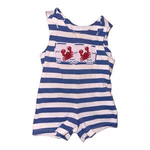 Zucchini Boutique Smocked Lobster Blue And White Stripe romper